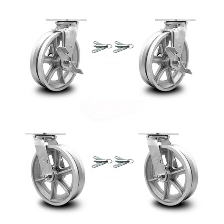 Service Caster 8 Inch V Groove Semi Steel Caster Set with Ball Bearings 4 Swivel Lock 2 Brake SCC-30CS820-VGB-TLB-BSL-2-BSL-2